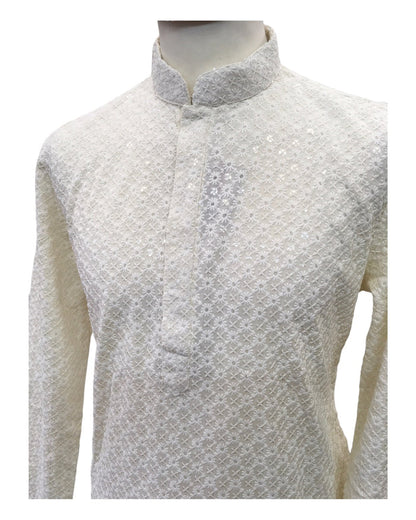 Cream Rich Lucknowi Cotton Mens Kurta Set - UK Stock - 24h Dispatch - MAHARAV VA 0223