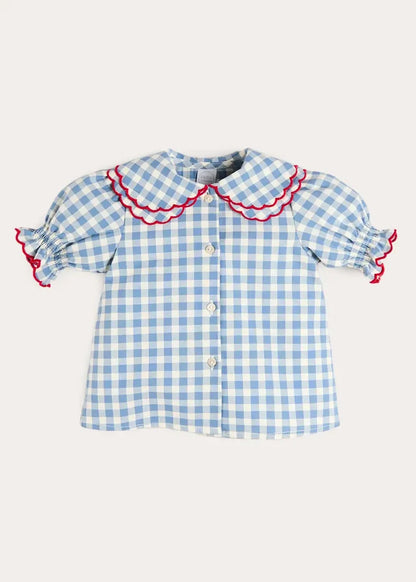 Darby Gingham Scallop Layered Collar Short Sleeve Blouse in Blue (18mths-12yrs) BLOUSES from Pepa London