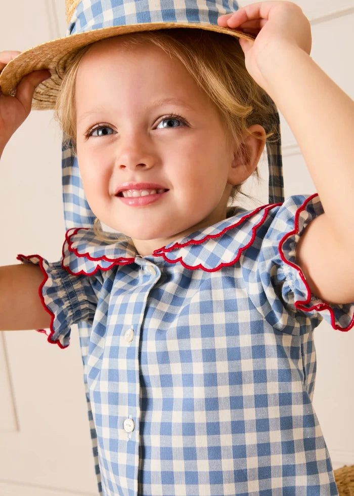 Darby Gingham Scallop Layered Collar Short Sleeve Blouse in Blue (18mths-12yrs) BLOUSES from Pepa London