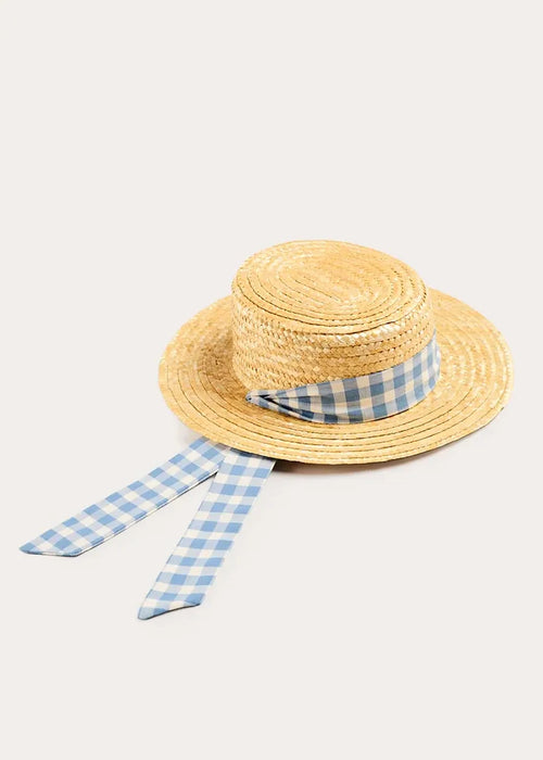 Darby Gingham Straw Boater Hat in Blue (M-L) ACCESSORIES from Pepa London