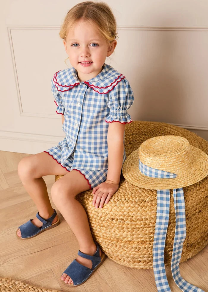 Darby Gingham Straw Boater Hat in Blue (M-L) ACCESSORIES from Pepa London