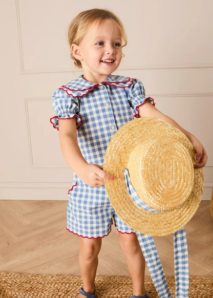 Darby Gingham Straw Boater Hat in Blue (M-L) ACCESSORIES from Pepa London
