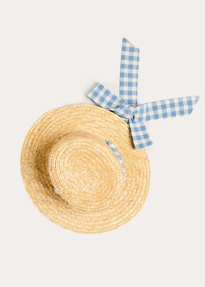 Darby Gingham Straw Boater Hat in Blue (M-L) ACCESSORIES from Pepa London