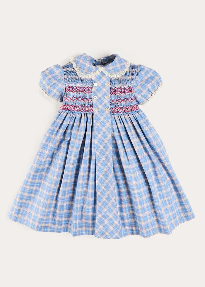 Denby Check Hand Smocked Double Breasted Short Sleeve Dress in Blue (12mths-10yrs) DRESSES from Pepa London