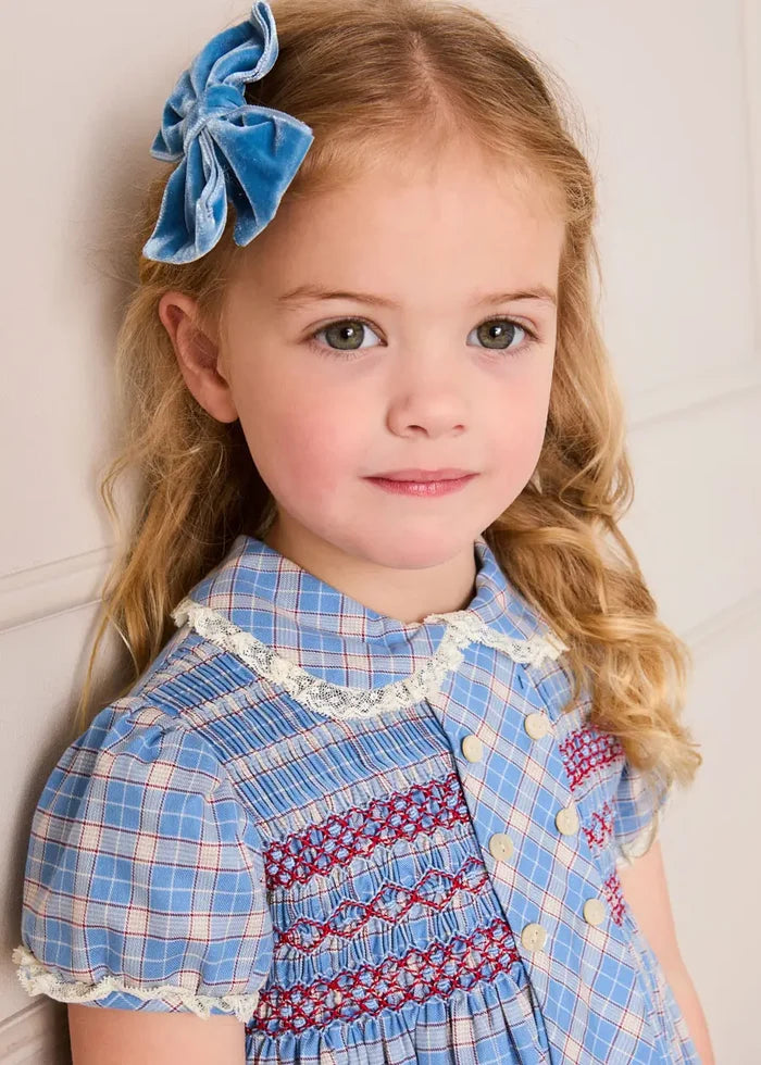 Denby Check Hand Smocked Double Breasted Short Sleeve Dress in Blue (12mths-10yrs) DRESSES from Pepa London