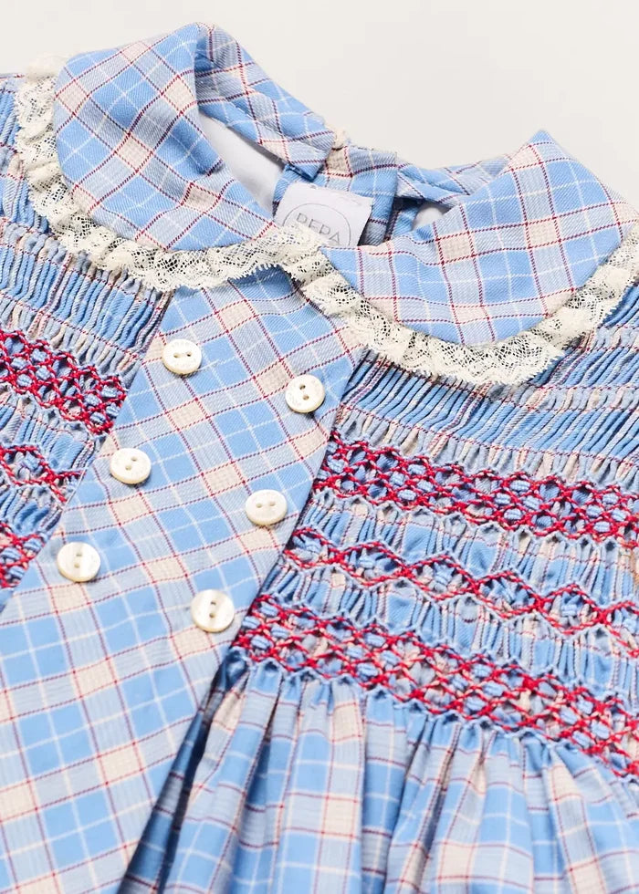 Denby Check Hand Smocked Double Breasted Short Sleeve Dress in Blue (12mths-10yrs) DRESSES from Pepa London