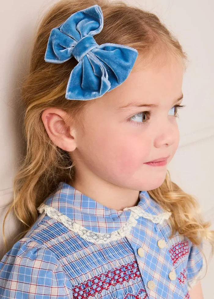 Denby Check Hand Smocked Double Breasted Short Sleeve Dress in Blue (12mths-10yrs) DRESSES from Pepa London