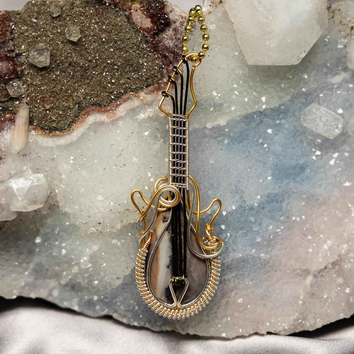 Dendritic Agate Copper Wire Wrapped Guitar Pendant 3.25"