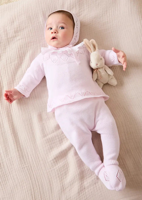 Diamond Openwork Three Piece Knitted Set in Baby Pink (1-9mths) KNITWEAR from Pepa London