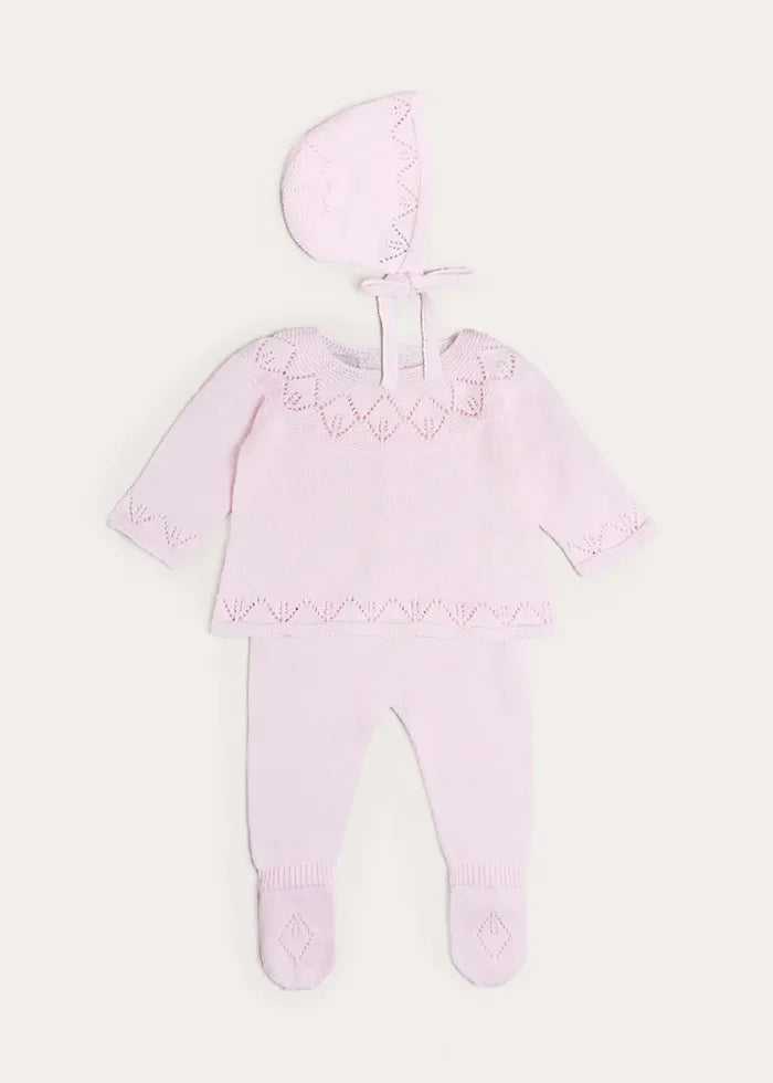 Diamond Openwork Three Piece Knitted Set in Baby Pink (1-9mths) KNITWEAR from Pepa London