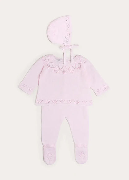Diamond Openwork Three Piece Knitted Set in Baby Pink (1-9mths) KNITWEAR from Pepa London