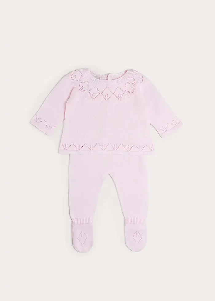 Diamond Openwork Three Piece Knitted Set in Baby Pink (1-9mths) KNITWEAR from Pepa London