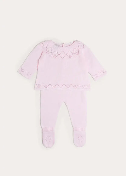 Diamond Openwork Three Piece Knitted Set in Baby Pink (1-9mths) KNITWEAR from Pepa London