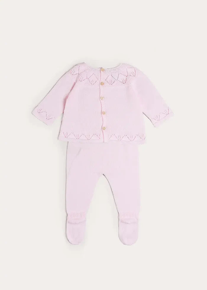 Diamond Openwork Three Piece Knitted Set in Baby Pink (1-9mths) KNITWEAR from Pepa London