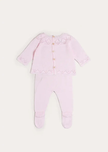Diamond Openwork Three Piece Knitted Set in Baby Pink (1-9mths) KNITWEAR from Pepa London