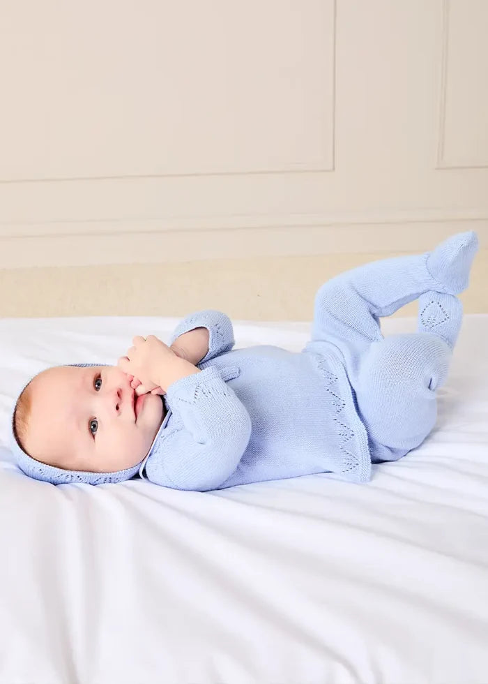 Diamond Openwork Three Piece Knitted Set in Light Blue (1-9mths) KNITWEAR from Pepa London