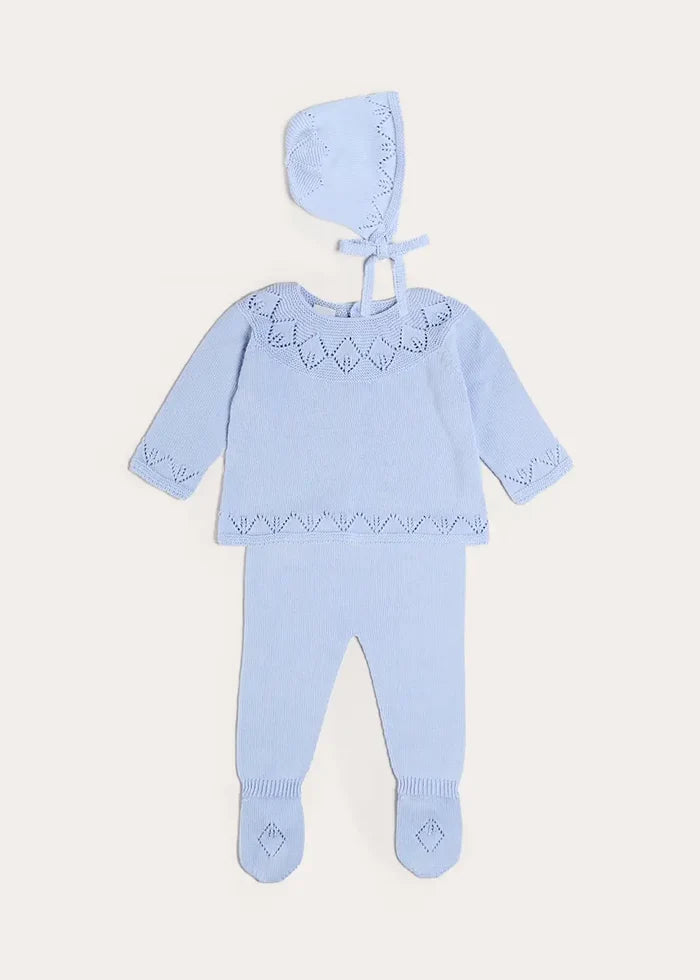 Diamond Openwork Three Piece Knitted Set in Light Blue (1-9mths) KNITWEAR from Pepa London