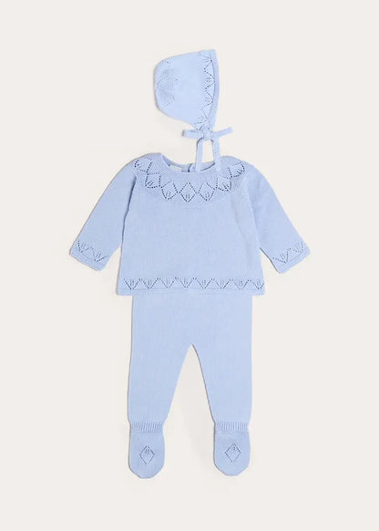 Diamond Openwork Three Piece Knitted Set in Light Blue (1-9mths) KNITWEAR from Pepa London