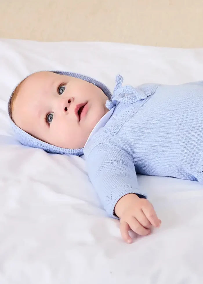 Diamond Openwork Three Piece Knitted Set in Light Blue (1-9mths) KNITWEAR from Pepa London