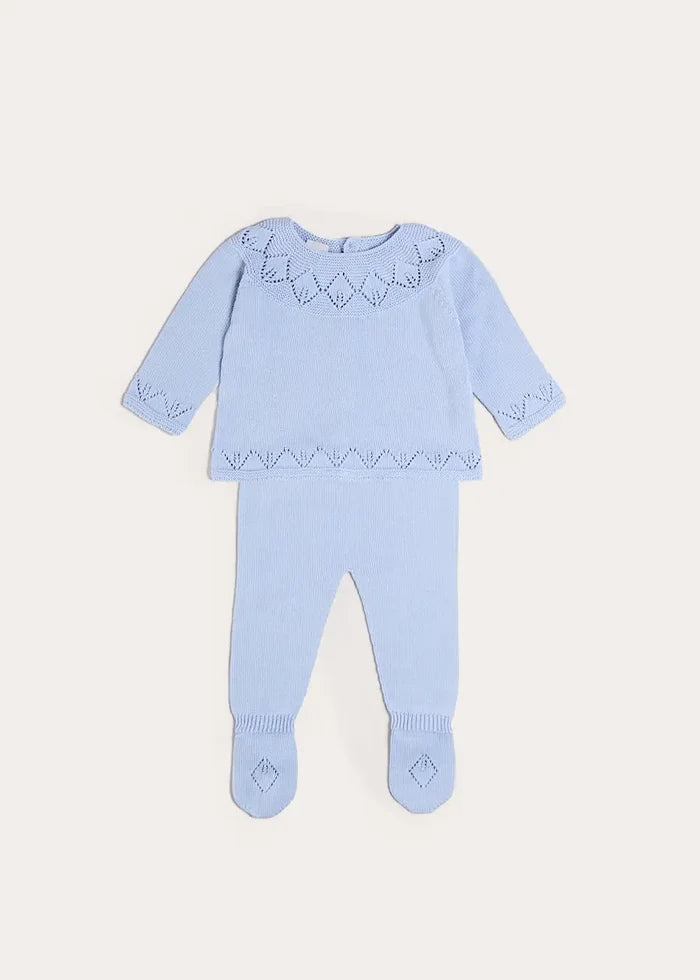 Diamond Openwork Three Piece Knitted Set in Light Blue (1-9mths) KNITWEAR from Pepa London