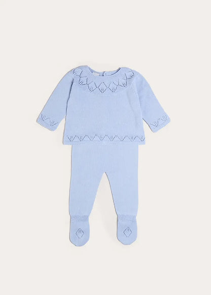 Diamond Openwork Three Piece Knitted Set in Light Blue (1-9mths) KNITWEAR from Pepa London
