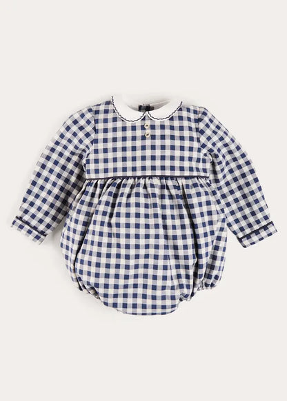 Draycott Check Peter Pan Collar Long Sleeve Romper in Blue (6mths-3yrs) ROMPERS from Pepa London
