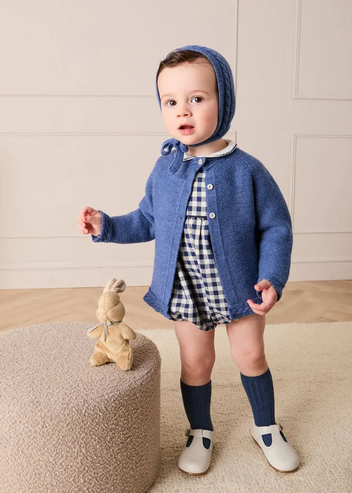 Draycott Check Peter Pan Collar Long Sleeve Romper in Blue (6mths-3yrs) ROMPERS from Pepa London