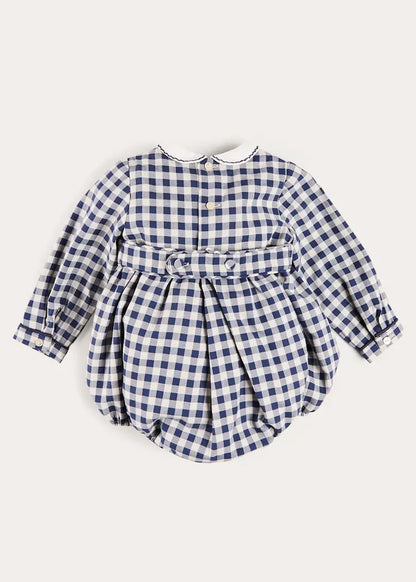 Draycott Check Peter Pan Collar Long Sleeve Romper in Blue (6mths-3yrs) ROMPERS from Pepa London