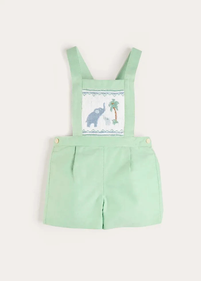 Elephant Embroidered Smocked Dungarees in Sage Green (18mths-4yrs) SHORTS from Pepa London