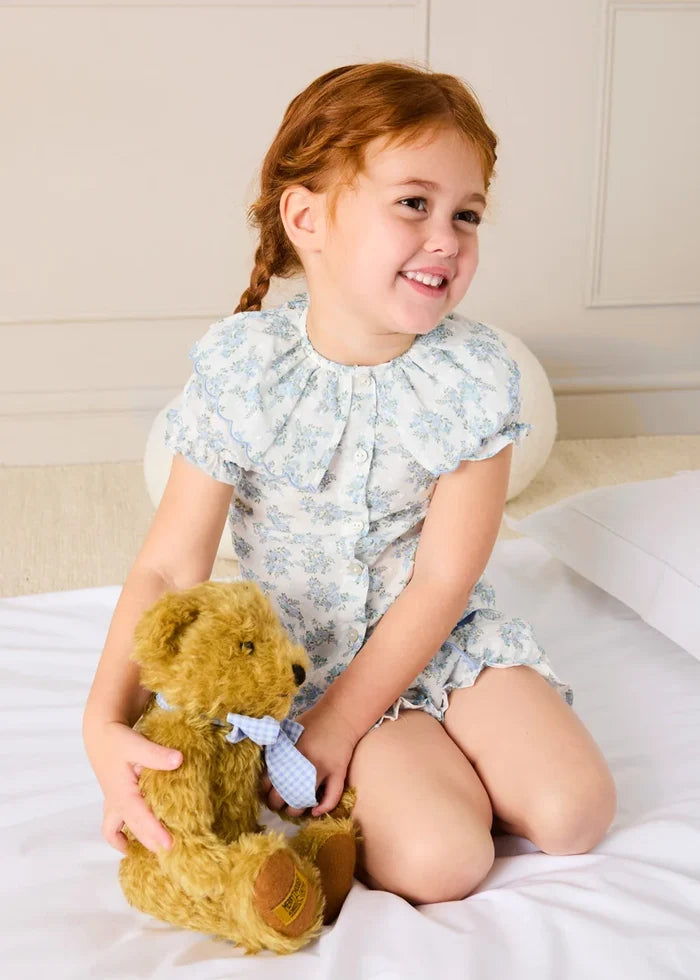 Esme Floral Swiss Voile Scallop Collar Pyjamas in Blue (18mths- 10yrs) NIGHTWEAR from Pepa London