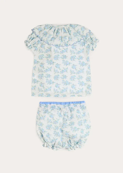 Esme Floral Swiss Voile Scallop Collar Pyjamas in Blue (18mths- 10yrs) NIGHTWEAR from Pepa London