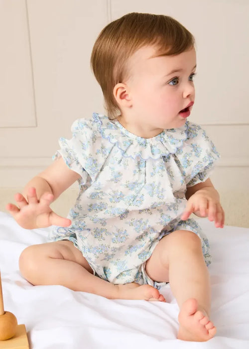 Esme Floral Swiss Voile Scallop Detail All-In-One Pyjamas in Blue (9mths-2yrs) NIGHTWEAR from Pepa London