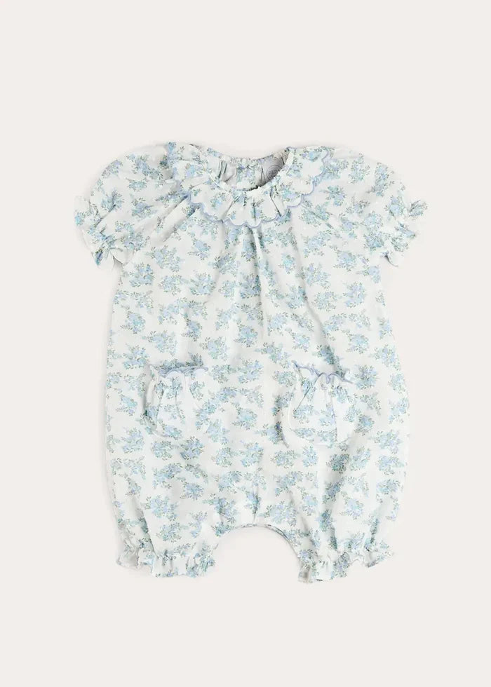 Esme Floral Swiss Voile Scallop Detail All-In-One Pyjamas in Blue (9mths-2yrs) NIGHTWEAR from Pepa London