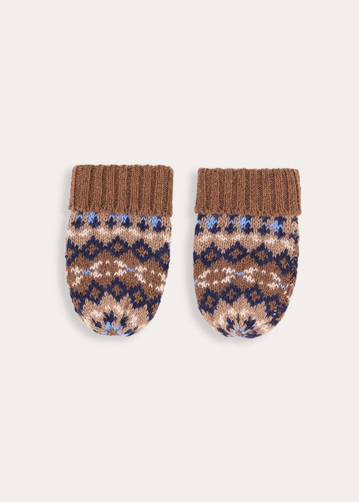 Fair Isle All Over Knitted Mittens in Brown (S-L) Knitted Accessories from Pepa London