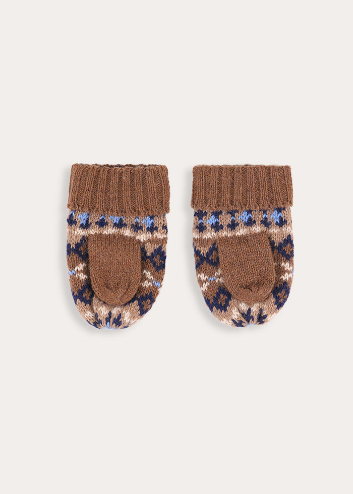 Fair Isle All Over Knitted Mittens in Brown (S-L) Knitted Accessories from Pepa London