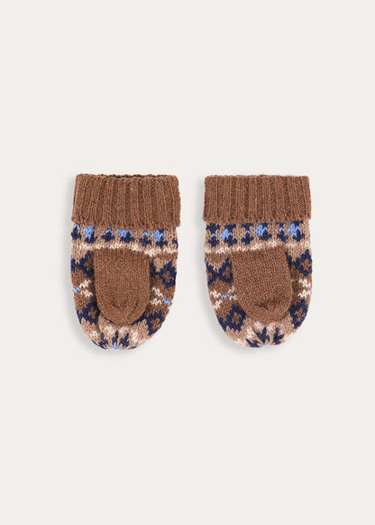 Fair Isle All Over Knitted Mittens in Brown (S-L) Knitted Accessories from Pepa London