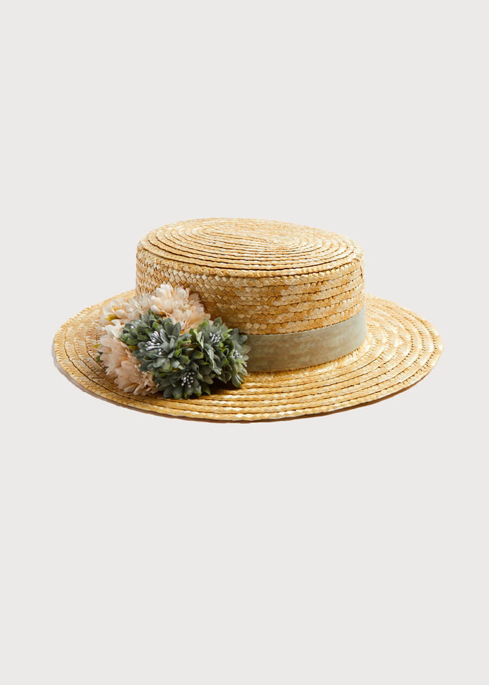 Faux Flower Straw Boater Hat in Teal Blue ACCESSORIES from Pepa London