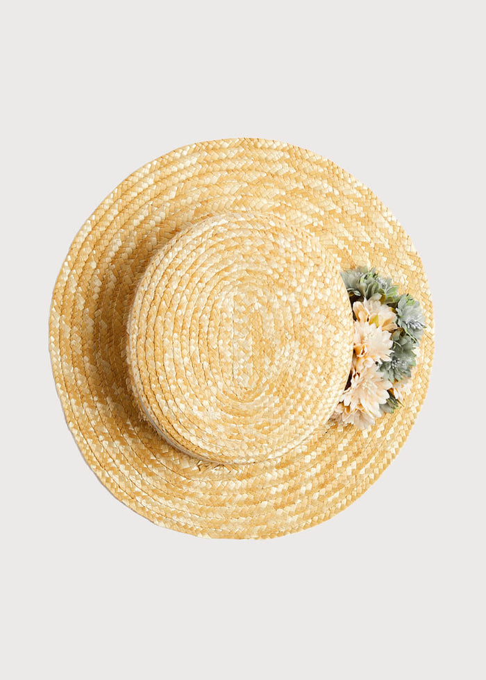 Faux Flower Straw Boater Hat in Teal Blue ACCESSORIES from Pepa London