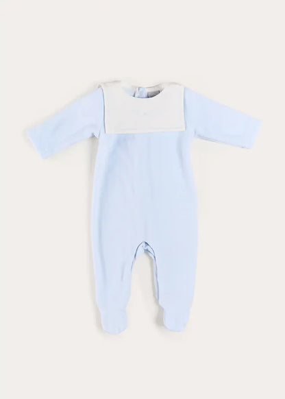 Floral Detail Embroidered Collar Velour All In One in Blue (1mth-12mths) ALL-IN-ONES from Pepa London