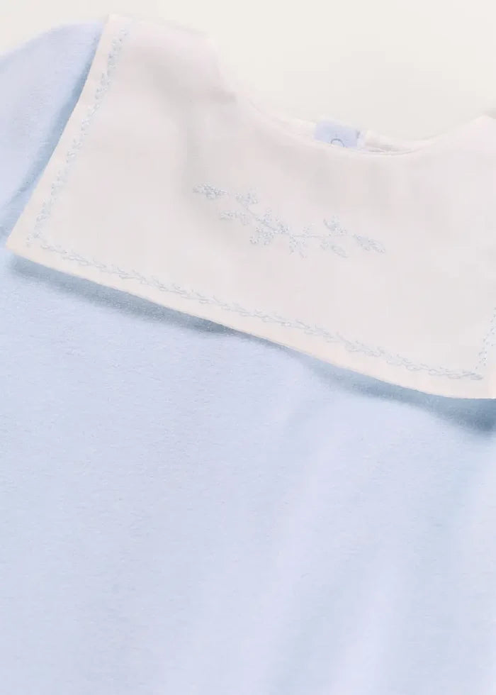 Floral Detail Embroidered Collar Velour All In One in Blue (1mth-12mths) ALL-IN-ONES from Pepa London