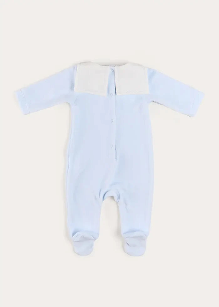 Floral Detail Embroidered Collar Velour All In One in Blue (1mth-12mths) ALL-IN-ONES from Pepa London