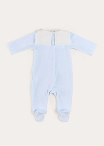Floral Detail Embroidered Collar Velour All In One in Blue (1mth-12mths) ALL-IN-ONES from Pepa London