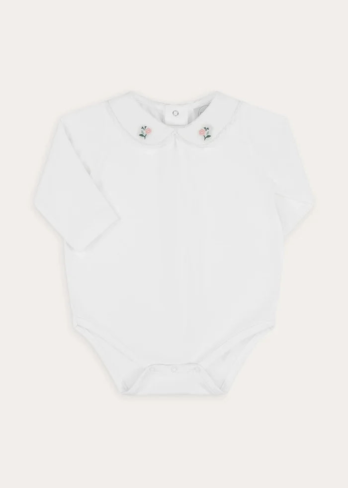 Floral Embroidered Collar Bodysuit in White (6mths-3yrs) Tops & Bodysuits from Pepa London