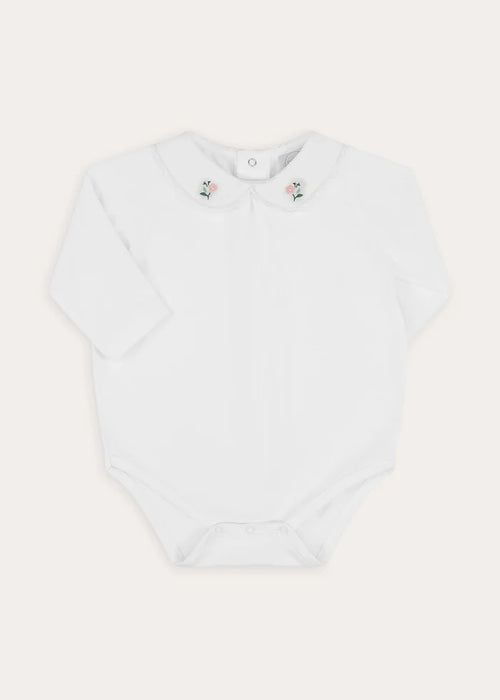 Floral Embroidered Collar Bodysuit in White (6mths-3yrs) Tops & Bodysuits from Pepa London