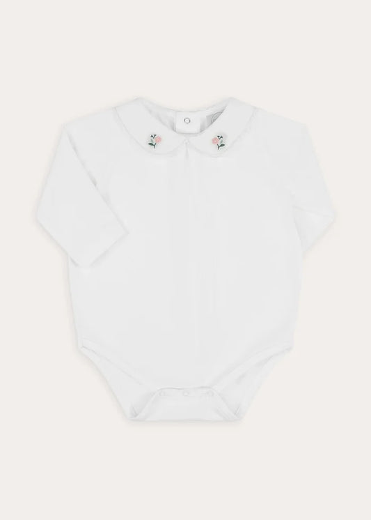 Floral Embroidered Collar Bodysuit in White (6mths-3yrs) Tops & Bodysuits from Pepa London