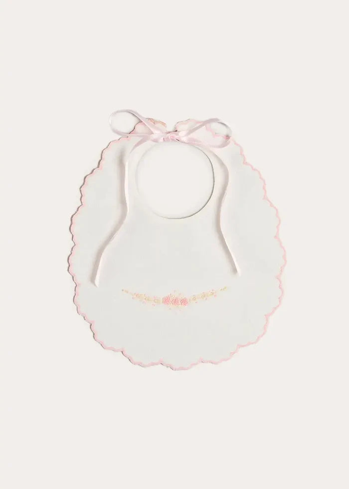 Floral Hand Embroidered Scallop Edge Rounded Bib in Pink ACCESSORIES from Pepa London