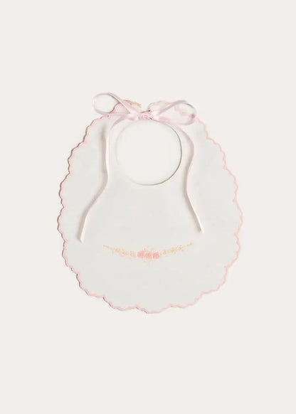 Floral Hand Embroidered Scallop Edge Rounded Bib in Pink ACCESSORIES from Pepa London
