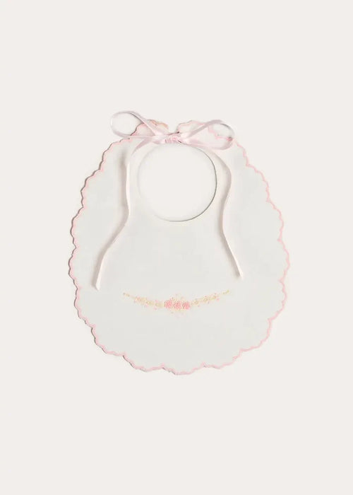 Floral Hand Embroidered Scallop Edge Rounded Bib in Pink ACCESSORIES from Pepa London