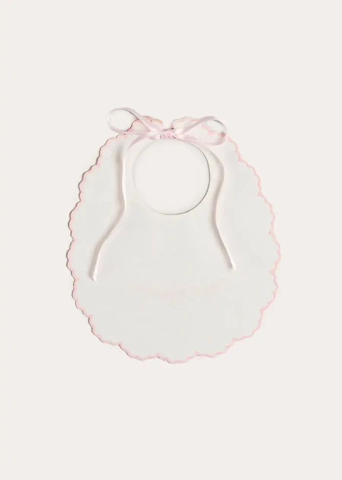 Floral Hand Embroidered Scallop Edge Rounded Bib in Pink ACCESSORIES from Pepa London