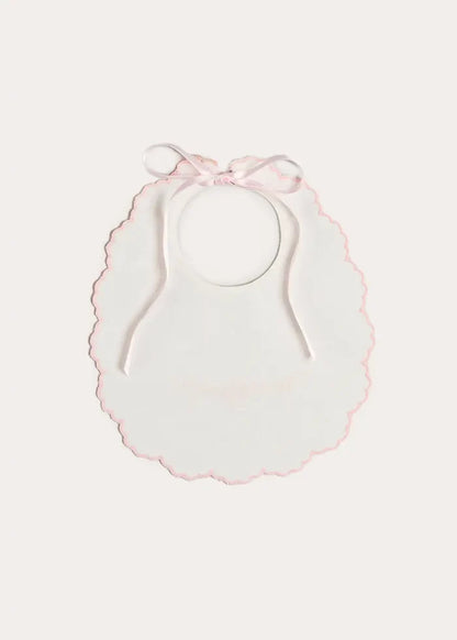 Floral Hand Embroidered Scallop Edge Rounded Bib in Pink ACCESSORIES from Pepa London
